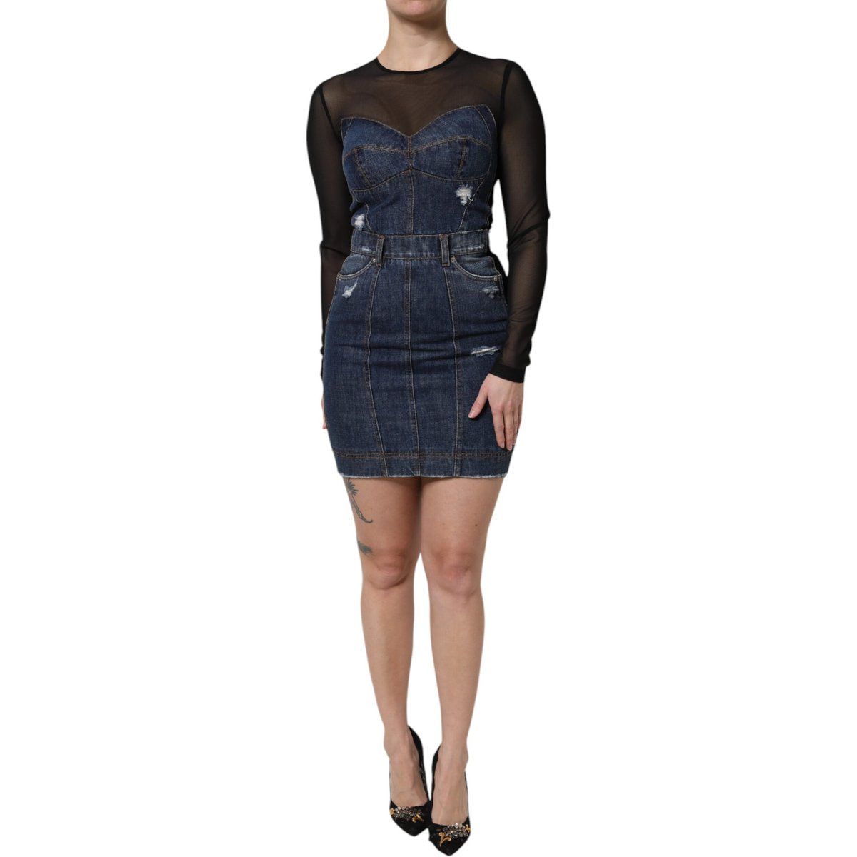 Denim-Mini-Kleid mit Netzüberzug und Used-Look