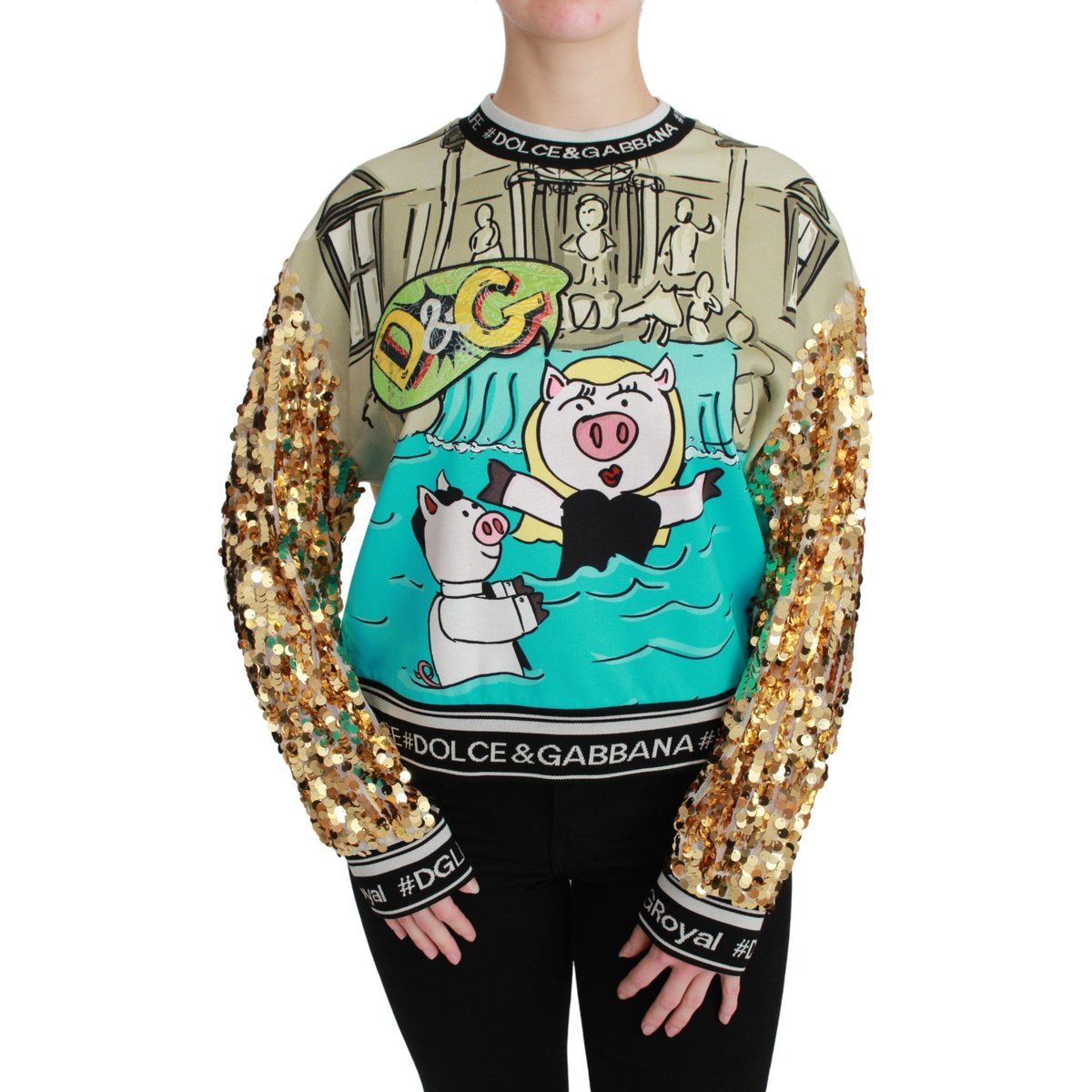 Cartoon Schwein Print Pailletten Ärmel Pullover