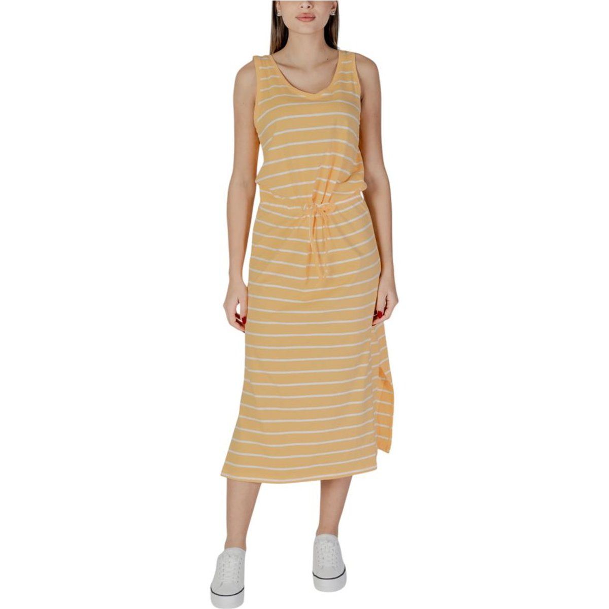 Gestreiftes Midi-Kleid mit Kordelzug in der Taille