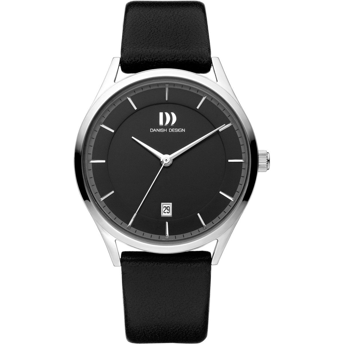 Minimalistische Uhr mit schwarzem Zifferblatt und Lederarmband