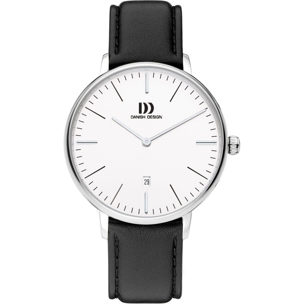 Minimalistische silberne Uhr mit schwarzem Lederarmband