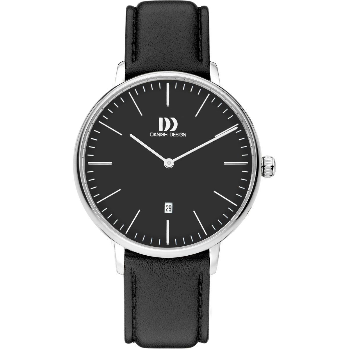 Minimalistische Uhr mit silbernem Gehäuse und schwarzem Armband