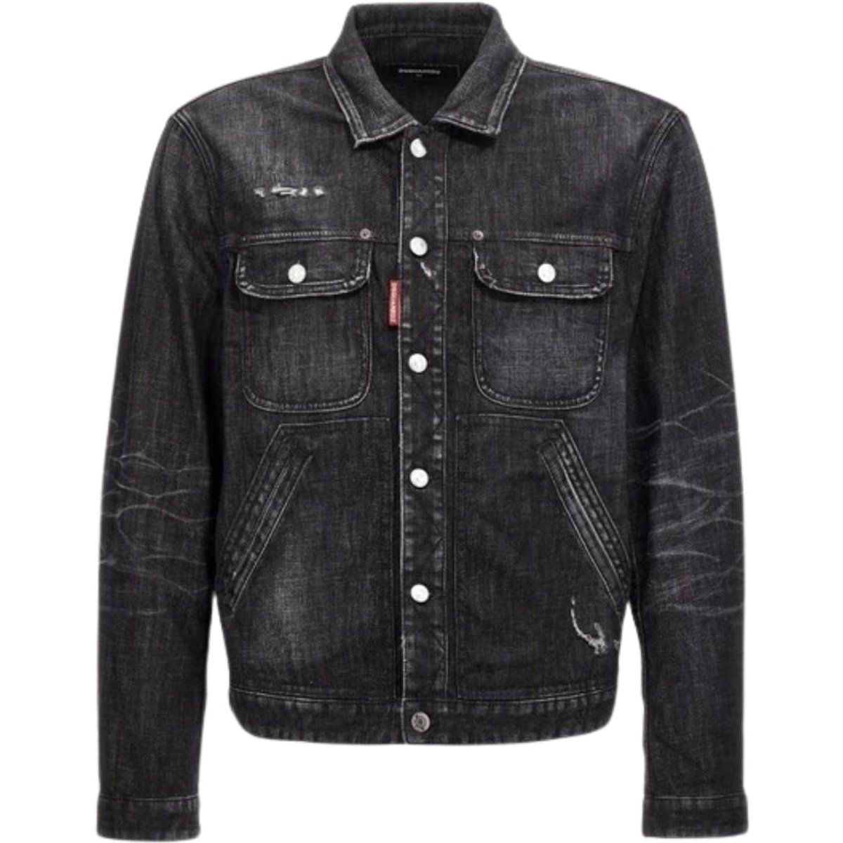 Schwarze Used-Look Denim Trucker Jacke