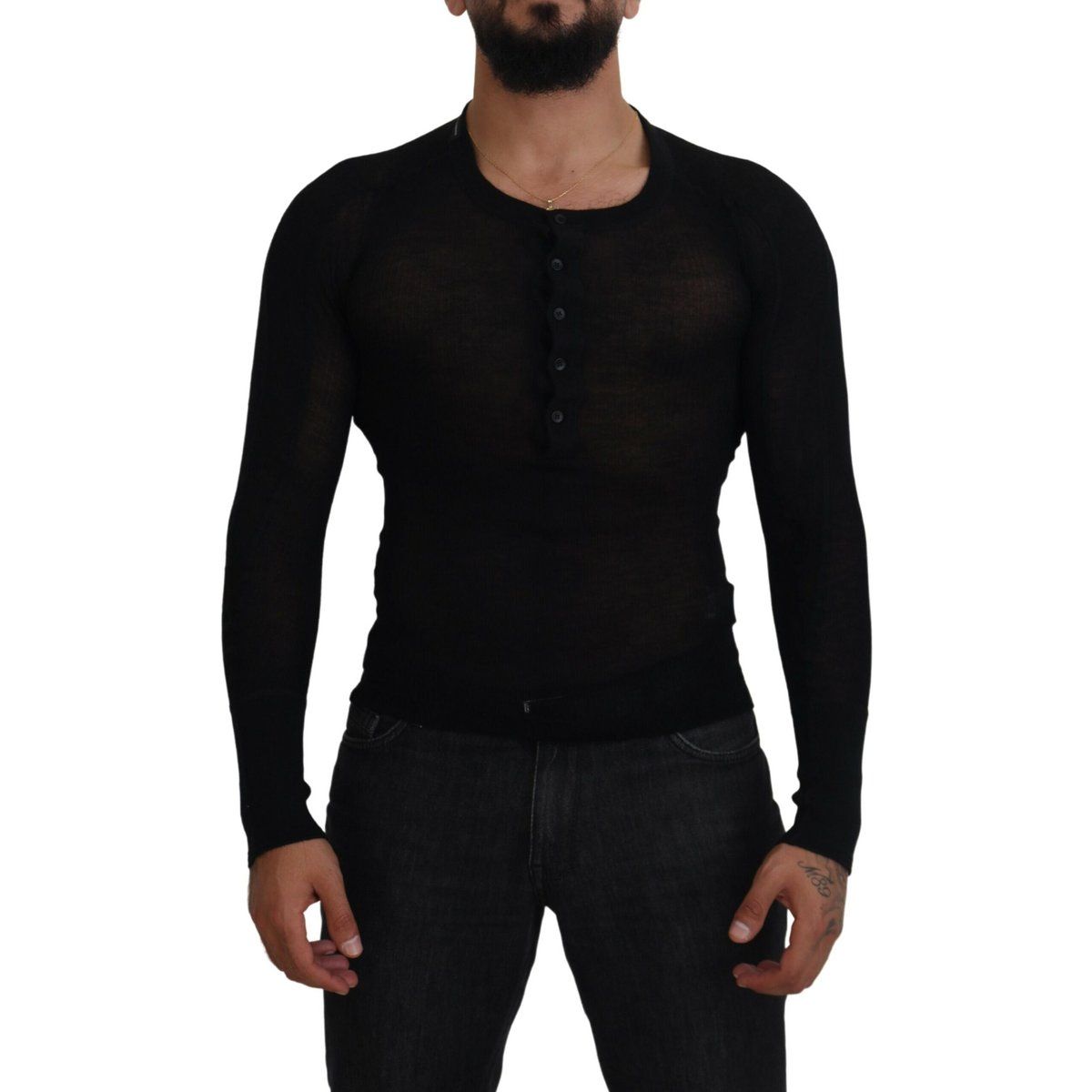 Feingestrickter Henley-Pullover aus Merinowolle