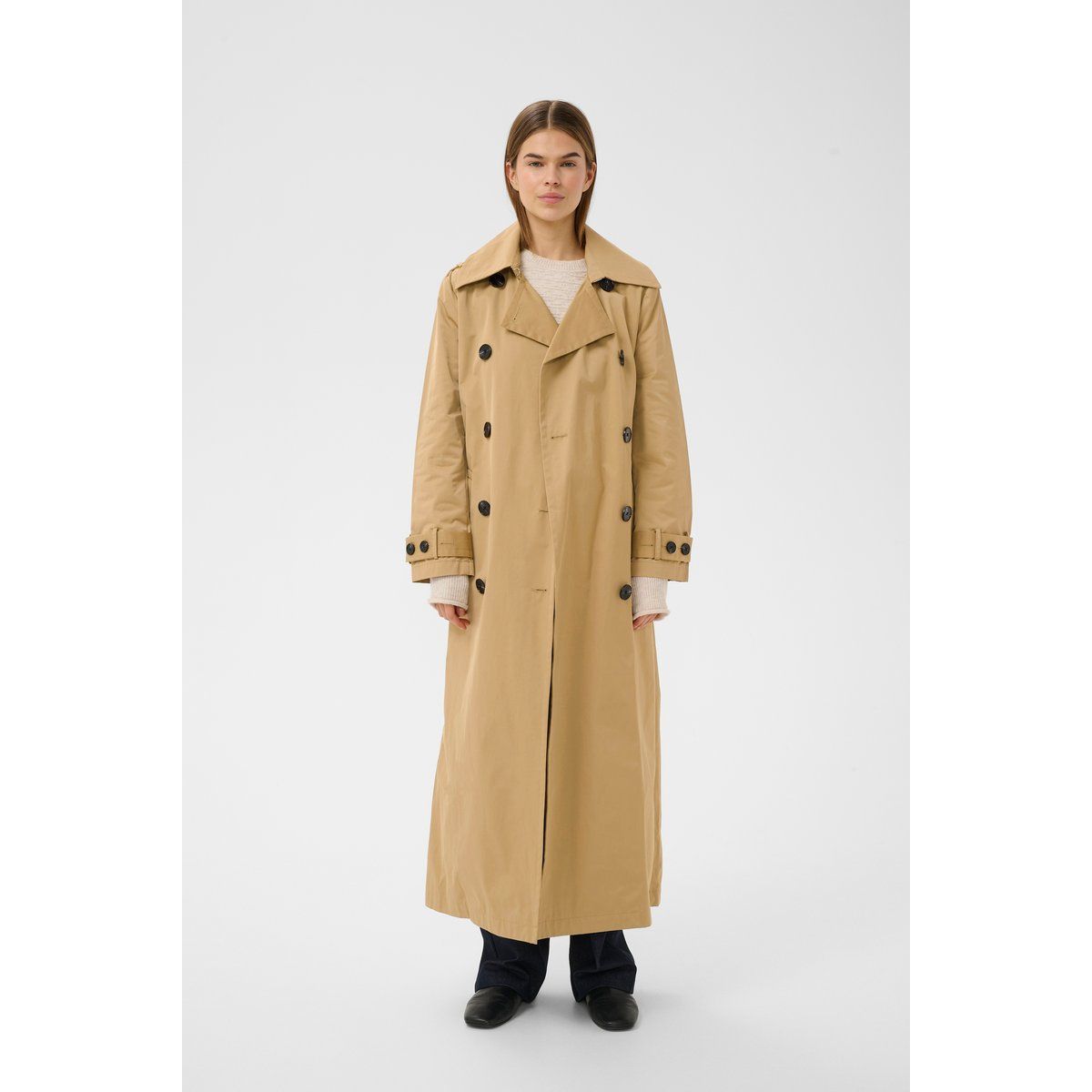 Klassischer, zweireihiger, langer Trenchcoat
