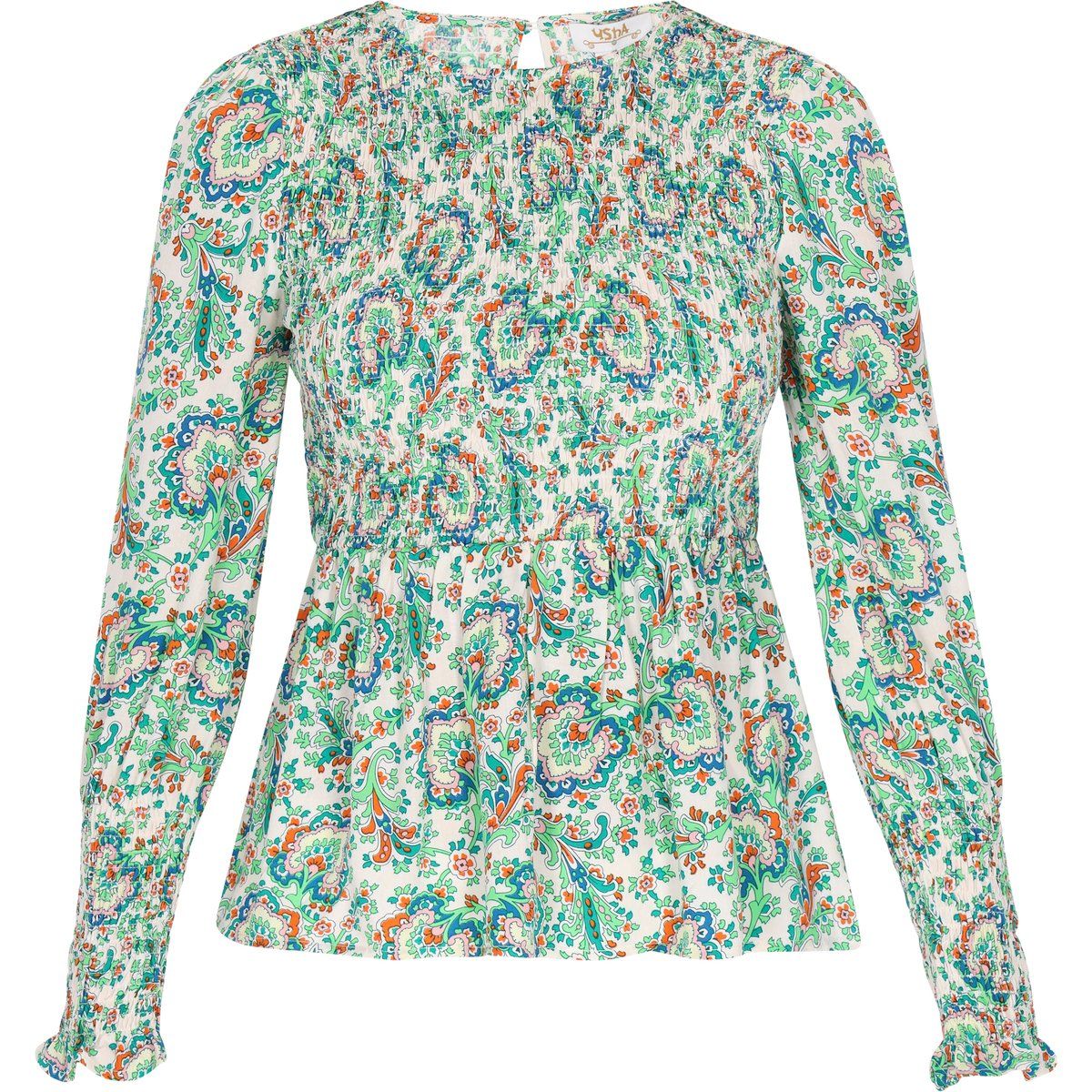Geblümte, gesmokte Peplum-Bluse
