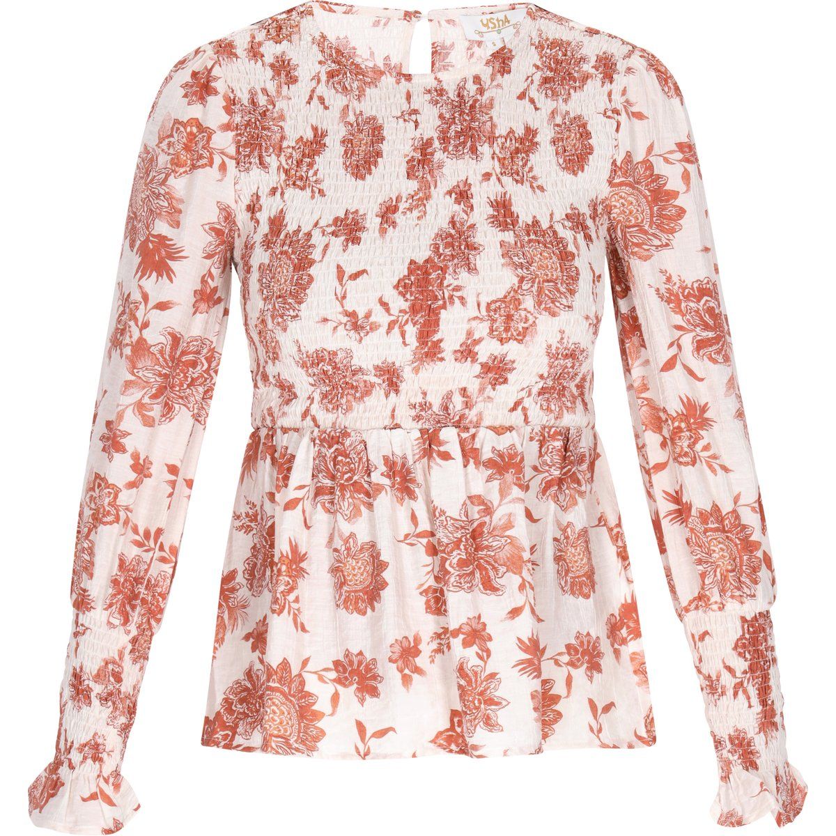 Geblümte Bluse mit gesmokter Taille