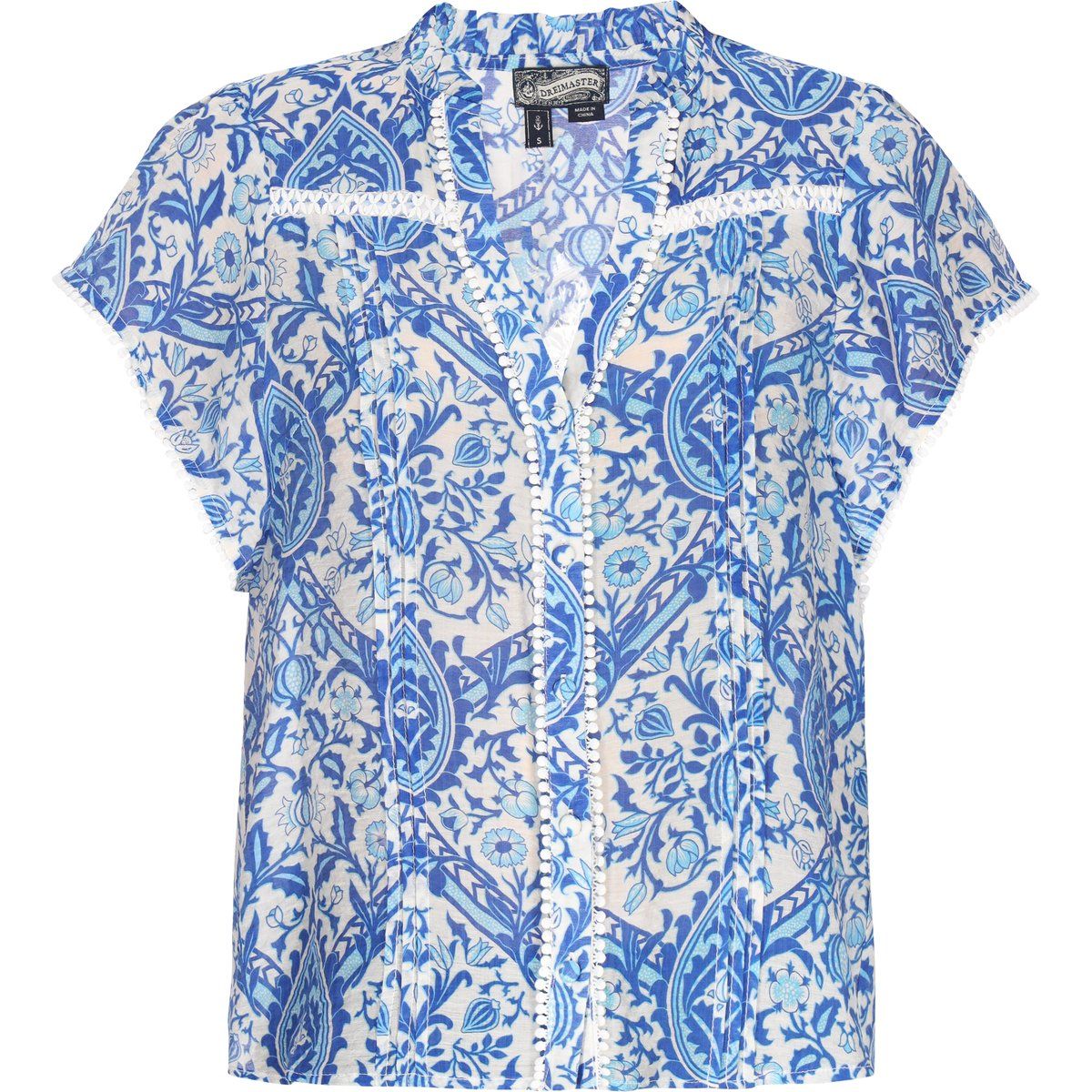 Blau gemusterte Bluse mit Spitzendetails