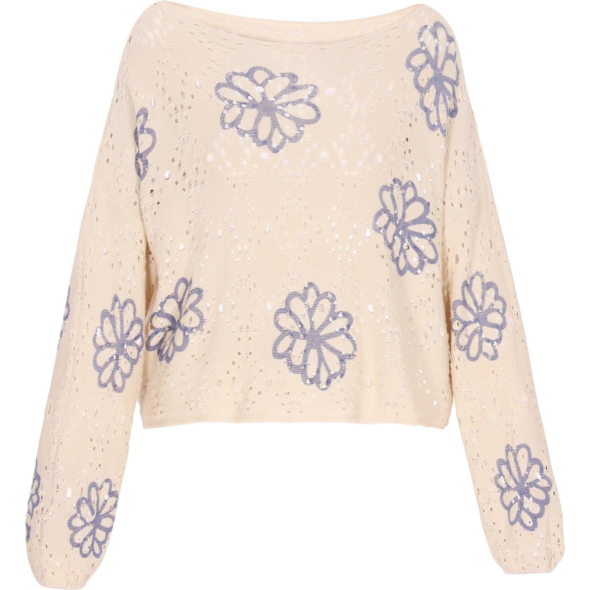 Pullover mit floralen Applikationen und offener Strickstruktur