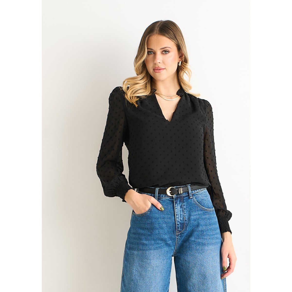 Elegante schwarze Dobby Chiffon Bluse