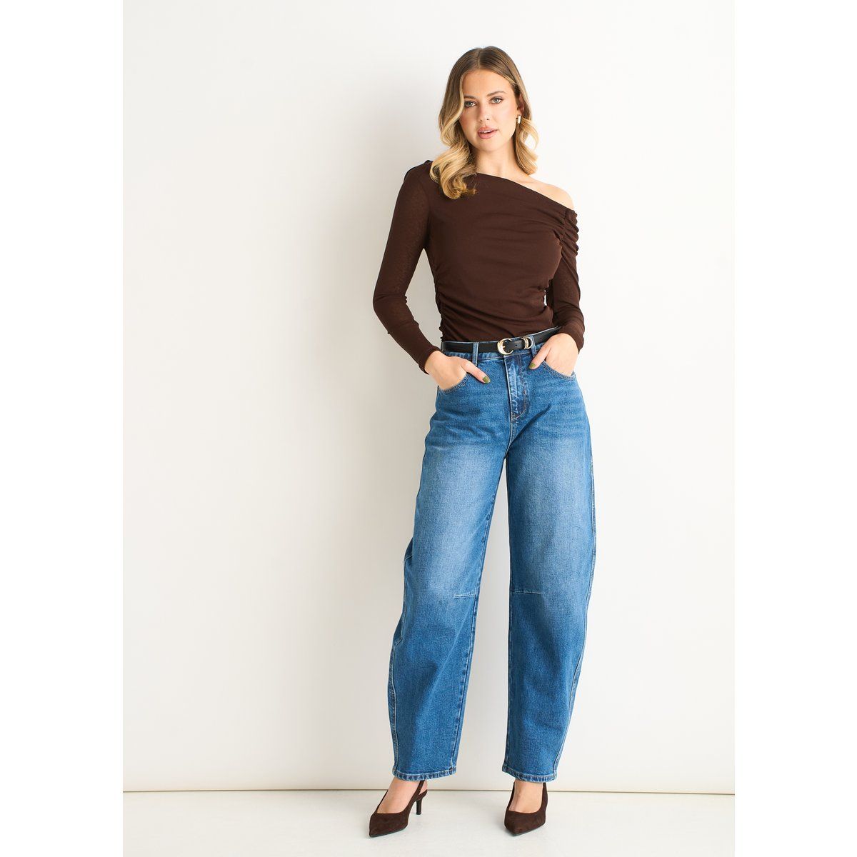 Langärmeliges Jersey-Top mit freier Schulter