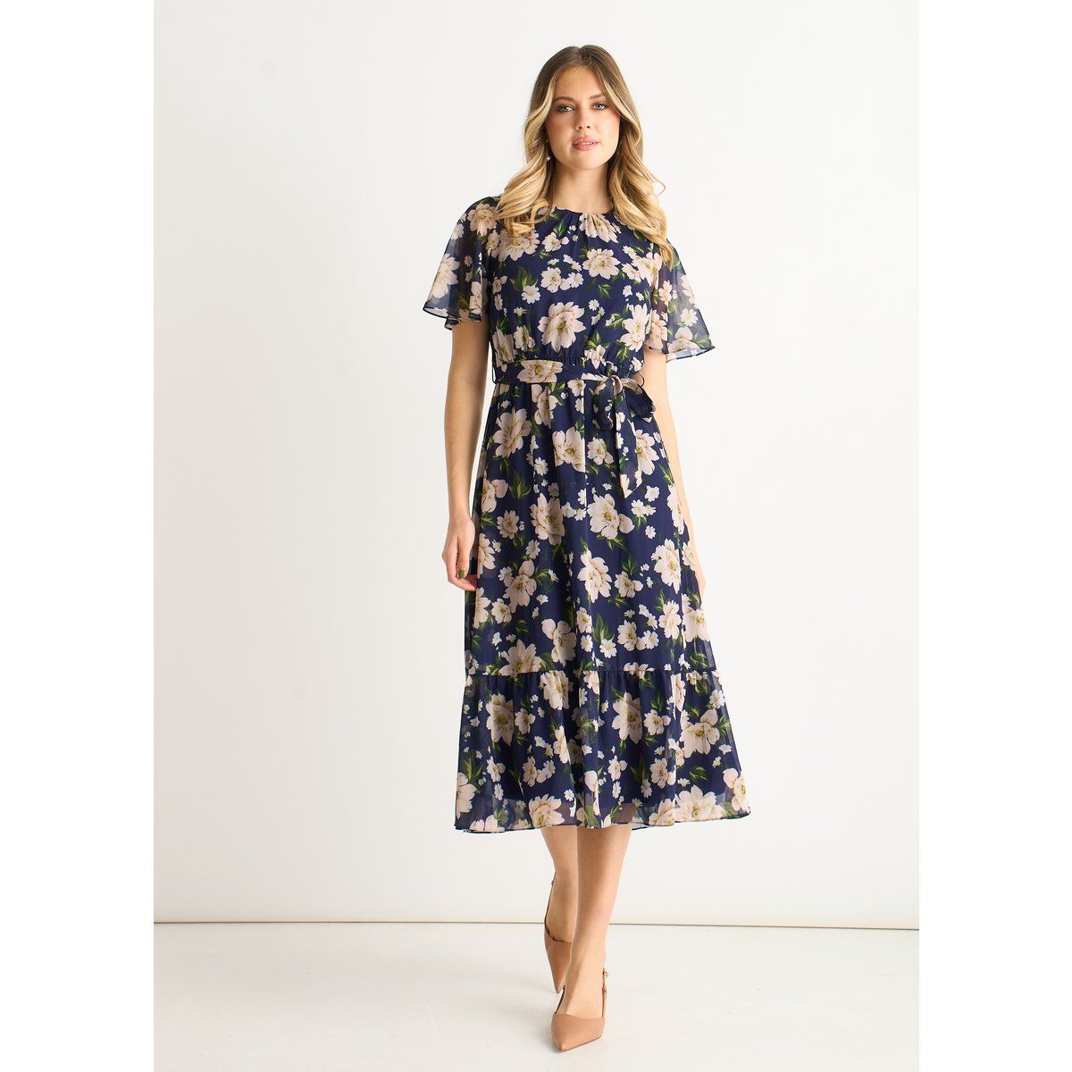 Geblümtes Midikleid mit Gürtel