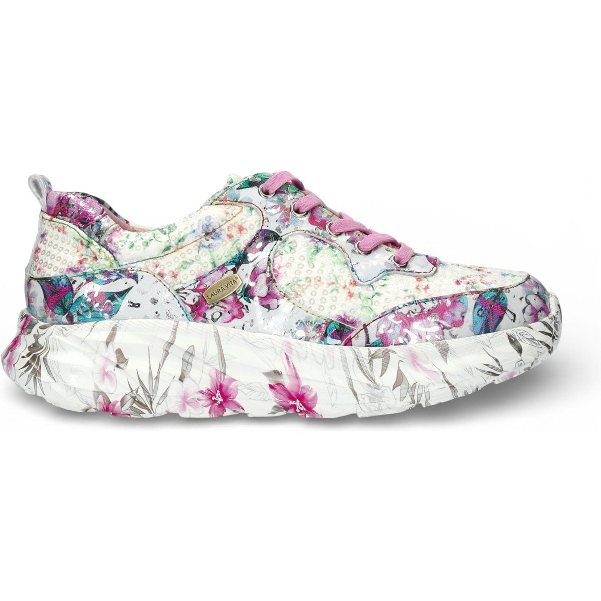 Leder Plateau Sneaker mit Blumenmuster