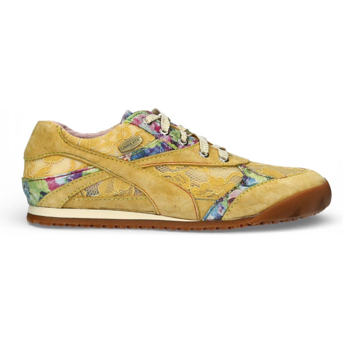 Gelbe Ledersneakers mit Blumenmuster