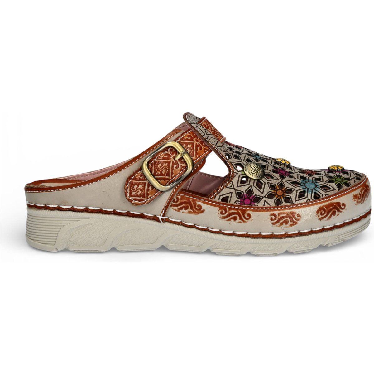 Floraler Leder Komfort Clog mit Schnalle