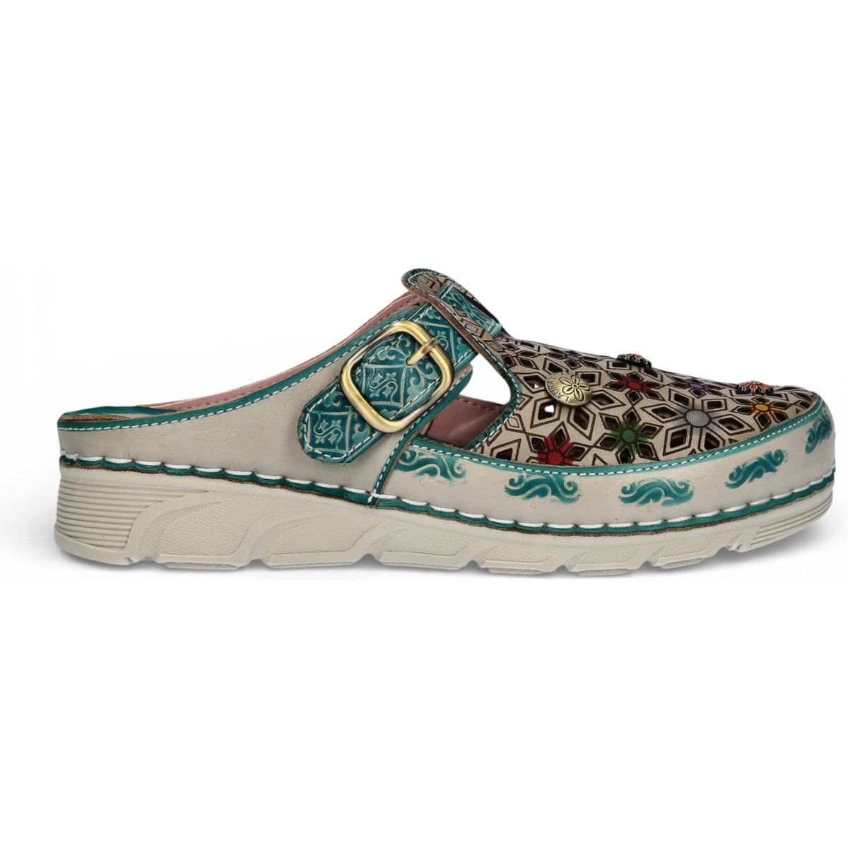 Floraler Leder-Clog mit Keilabsatz