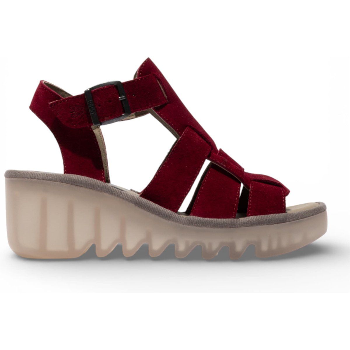 Beerenfarbene Keilsandalen aus Wildleder mit Riemen