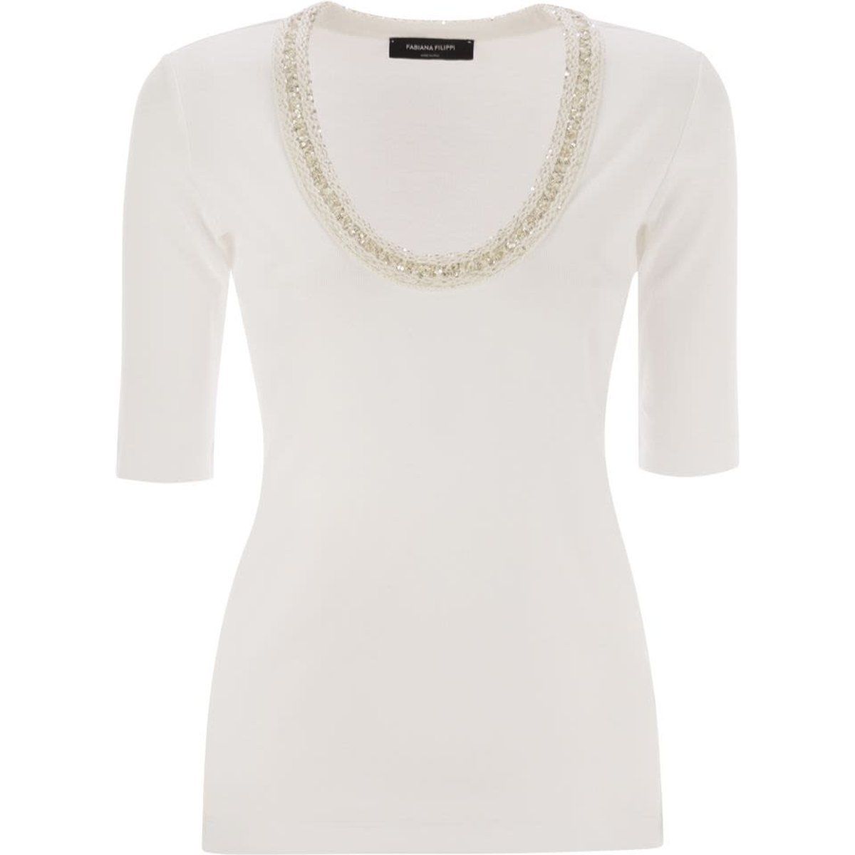 Geripptes Jersey-T-Shirt mit Schmuckausschnitt