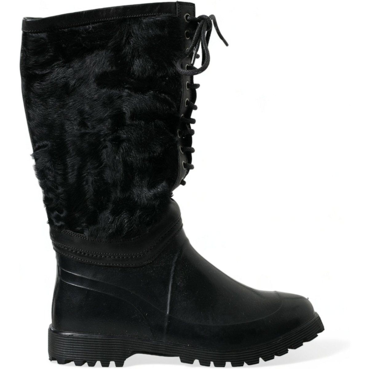 Dolce & Gabbana Schwarze Gummi Schnürstiefel mit Lammfell für Regen