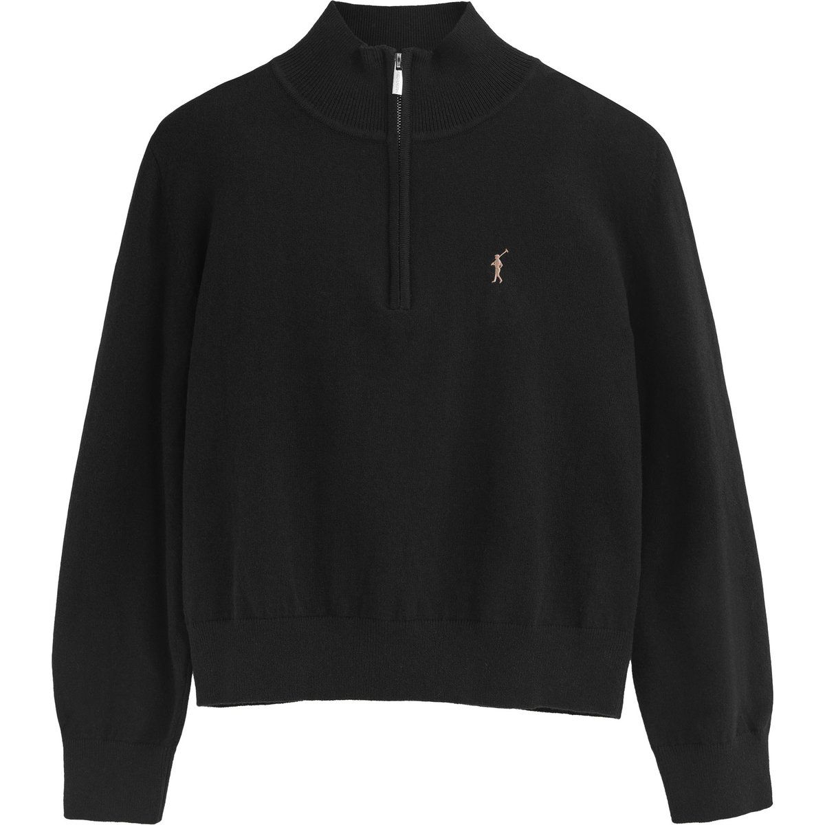 Schwarzer Wollmix Pullover mit halbem Reißverschluss