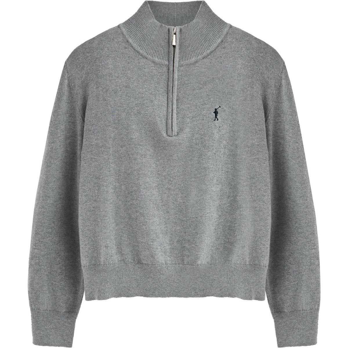 Grauer Wollmischung Pullover mit halbem Reißverschluss