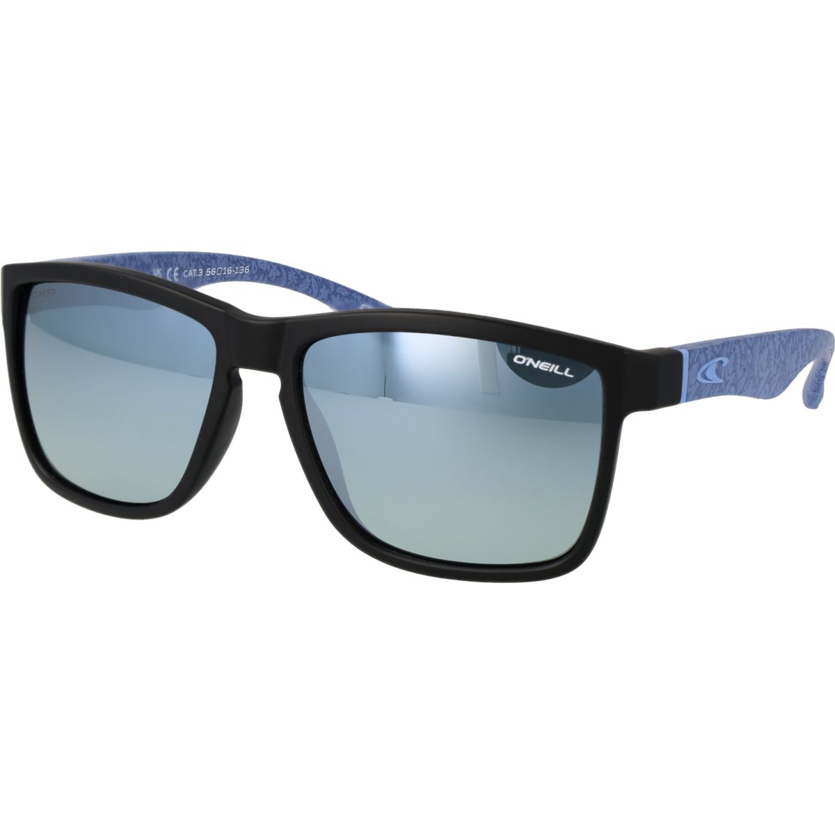 Quadratische, schwarze Sonnenbrille mit blauen Akzenten
