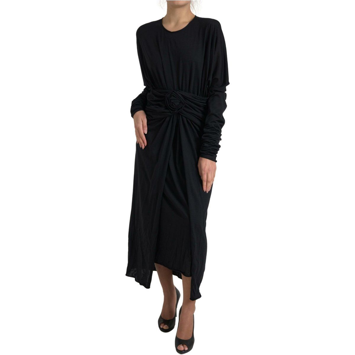Rose-Detail-Midi-Kleid mit langen Ärmeln