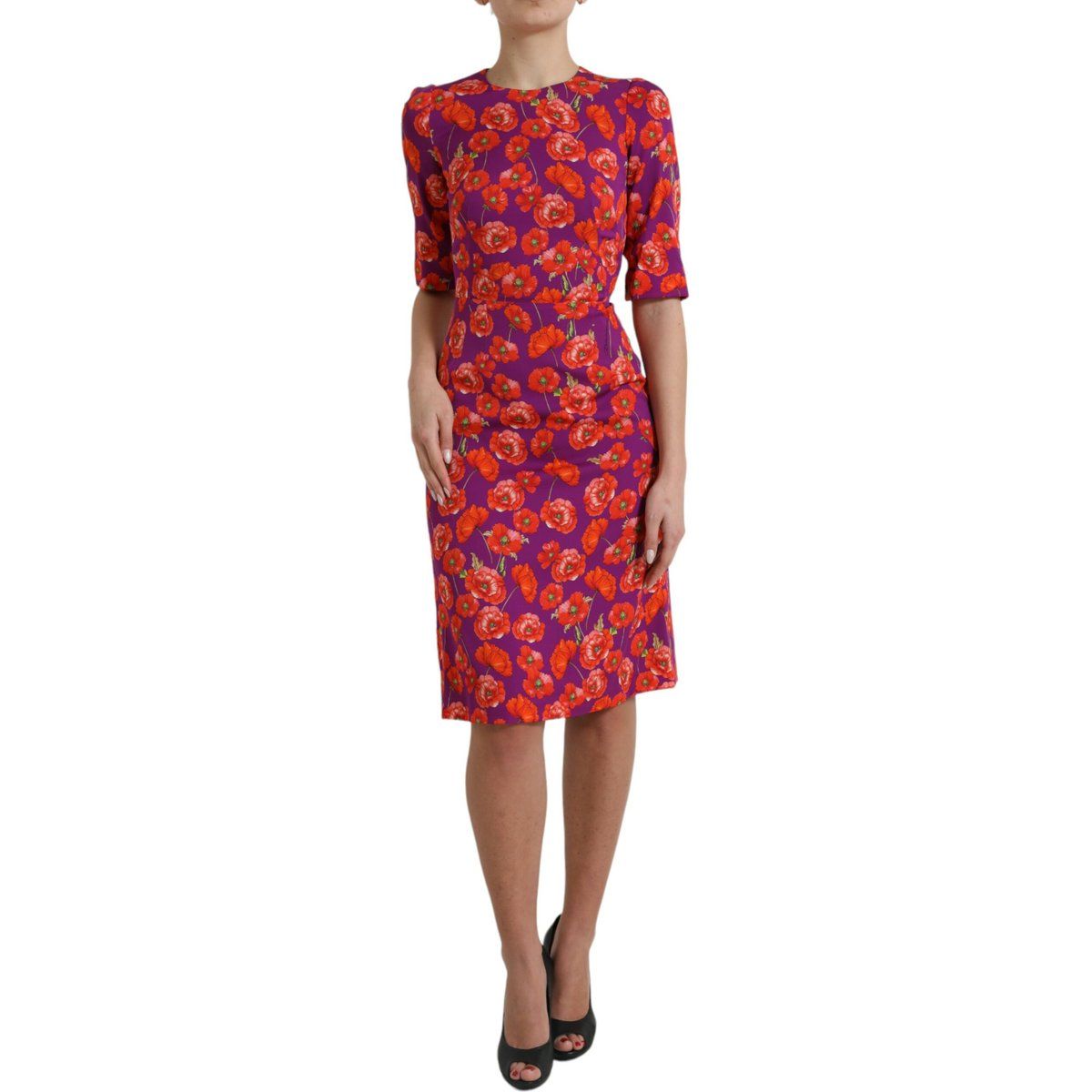 Mohnblumen-Musterkleid mit Halblangen Ärmeln