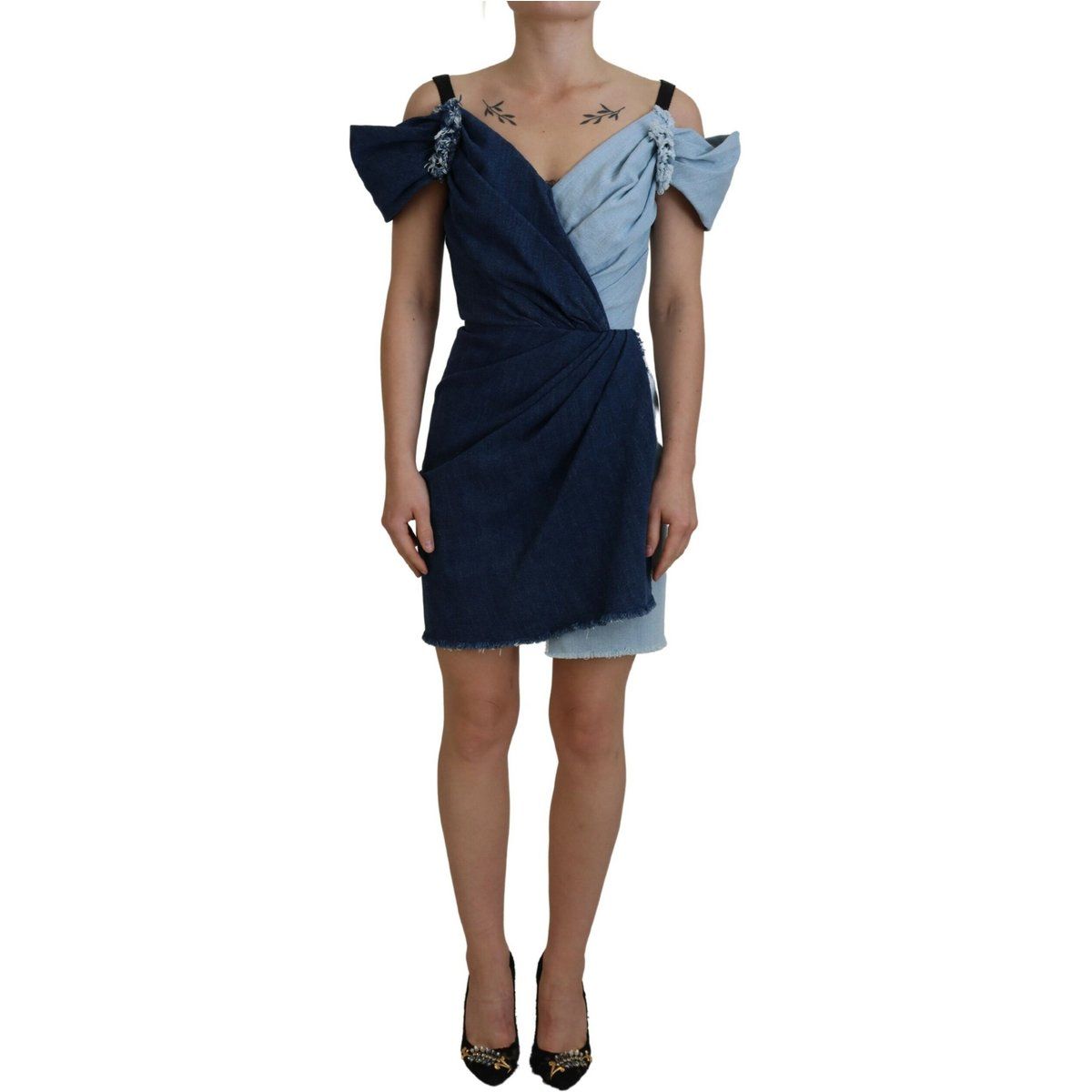 Denim Mini Kleid Zweifarbiger Wickelstil