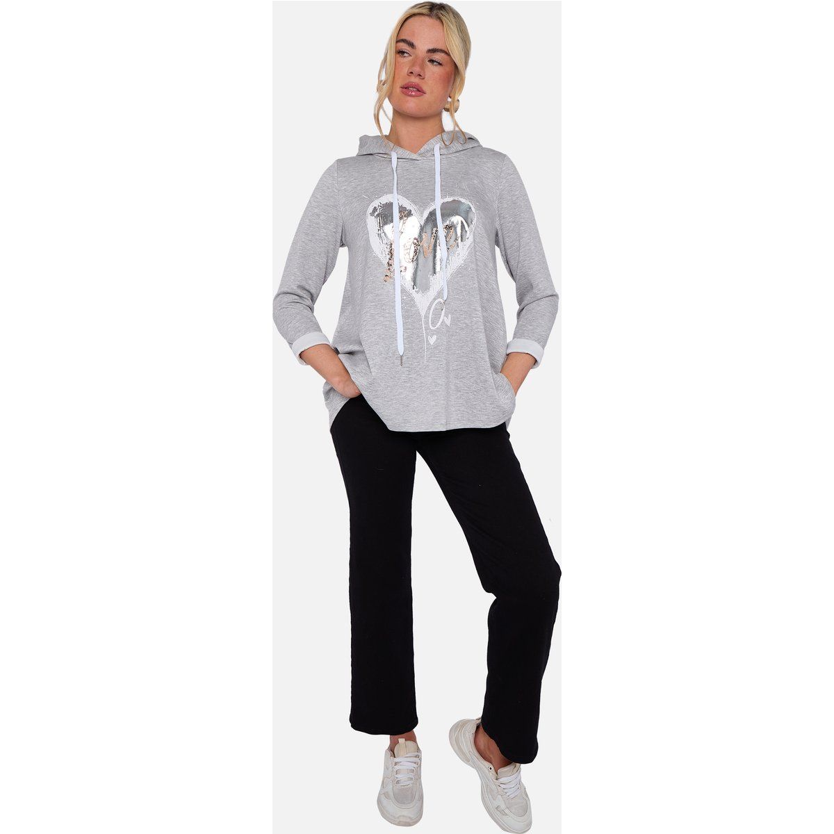 Graues Herz Grafik Oversize Kapuzenpullover Top