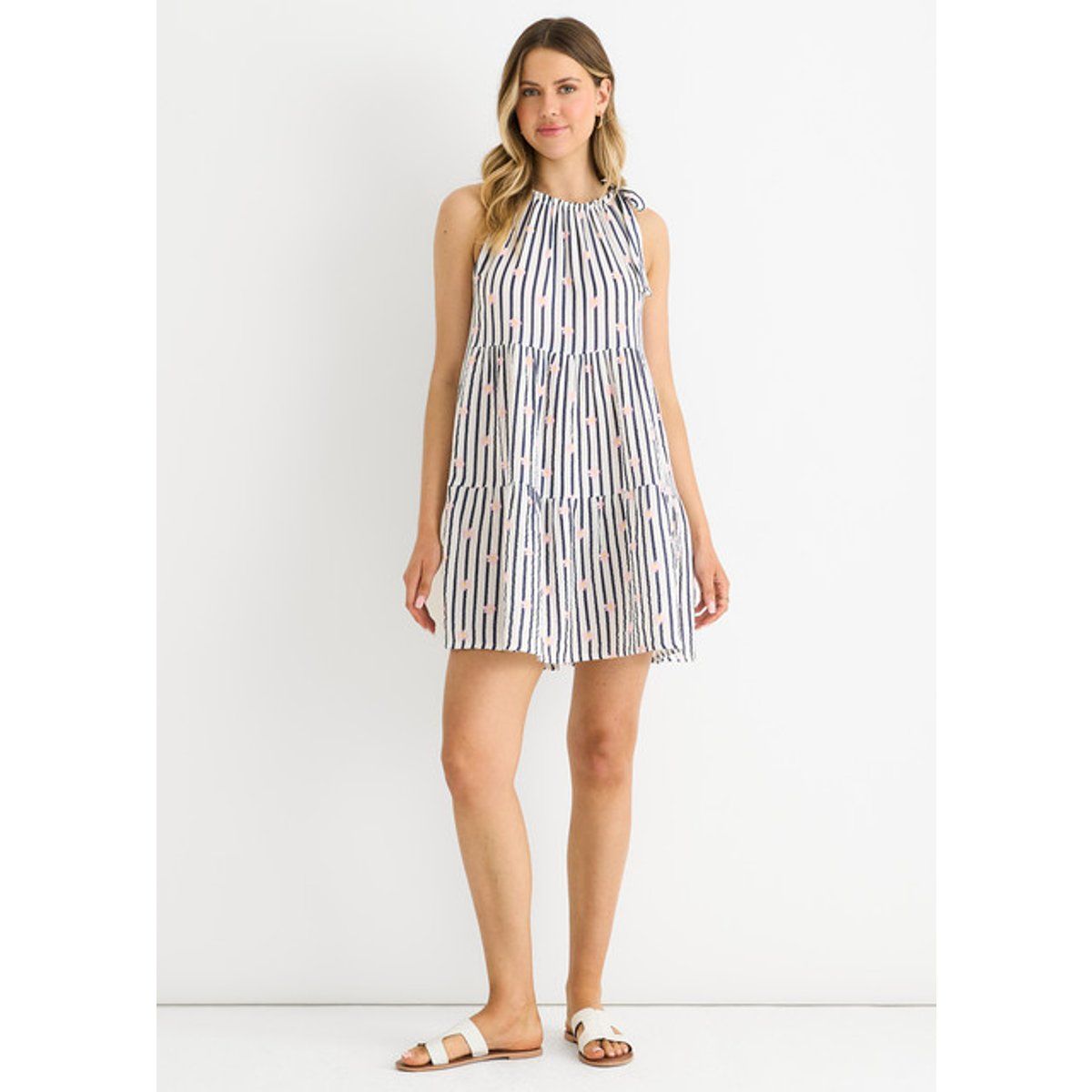 Gestreiftes Sommerkleid mit Blumenmuster und Neckholder-Bindung