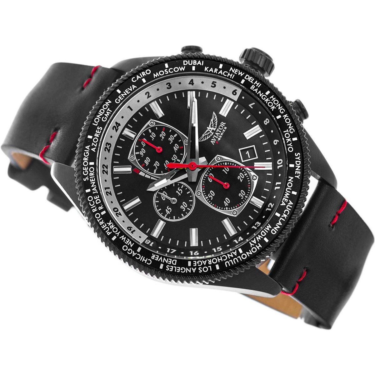 Schwarze Weltzeitzone Chronograph Uhr