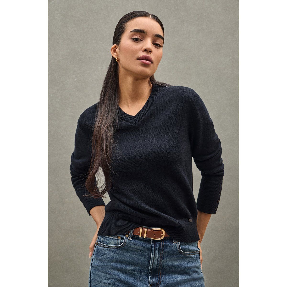 Marineblauer Wollmischung Pullover mit V-Ausschnitt