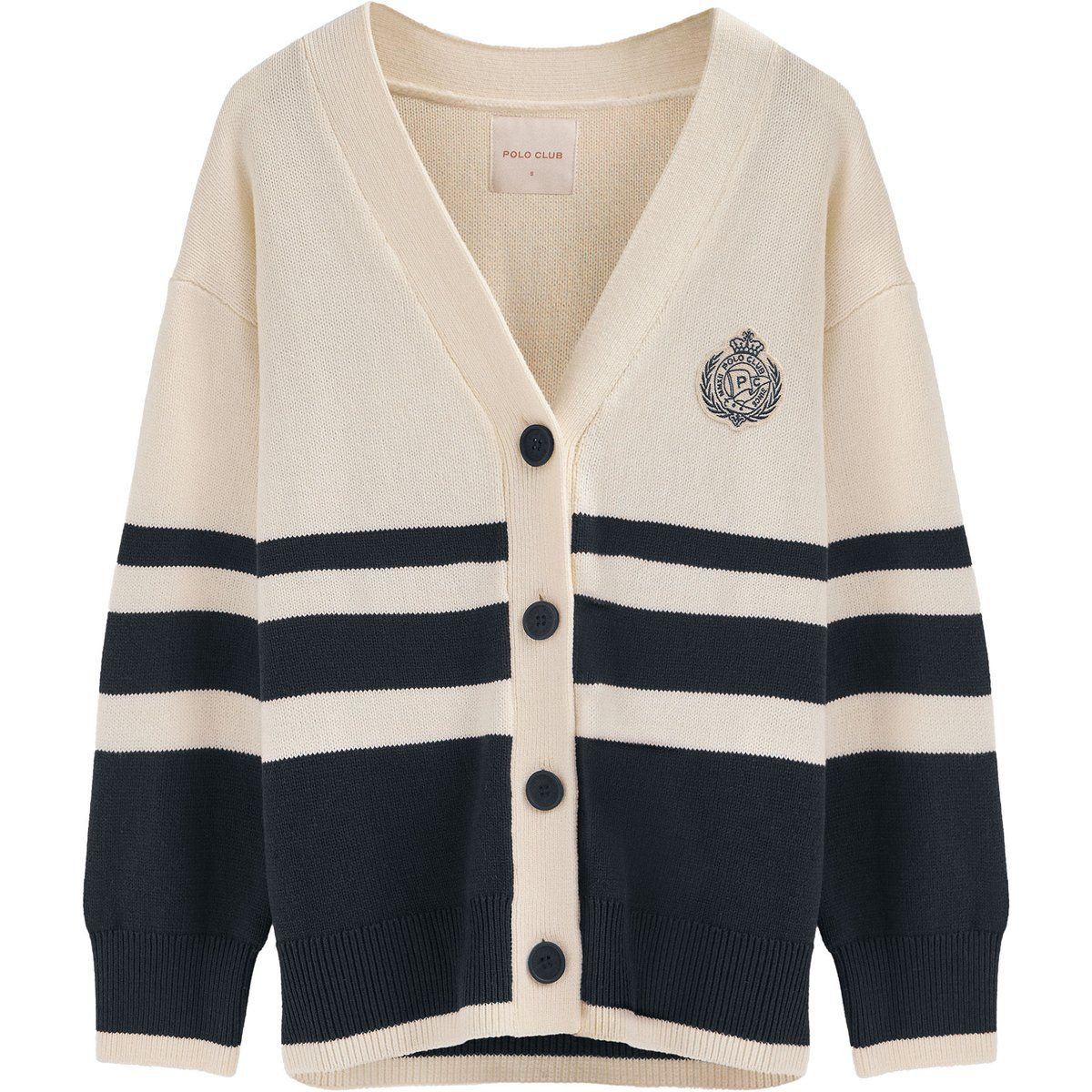 Gestreifte Strickjacke mit V-Ausschnitt und Patch