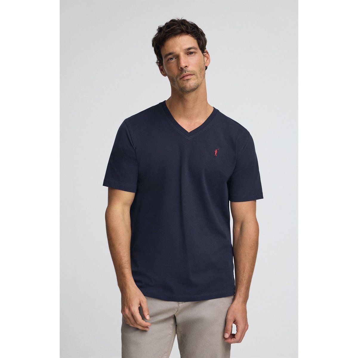 Marineblaues Baumwoll-T-Shirt mit V-Ausschnitt