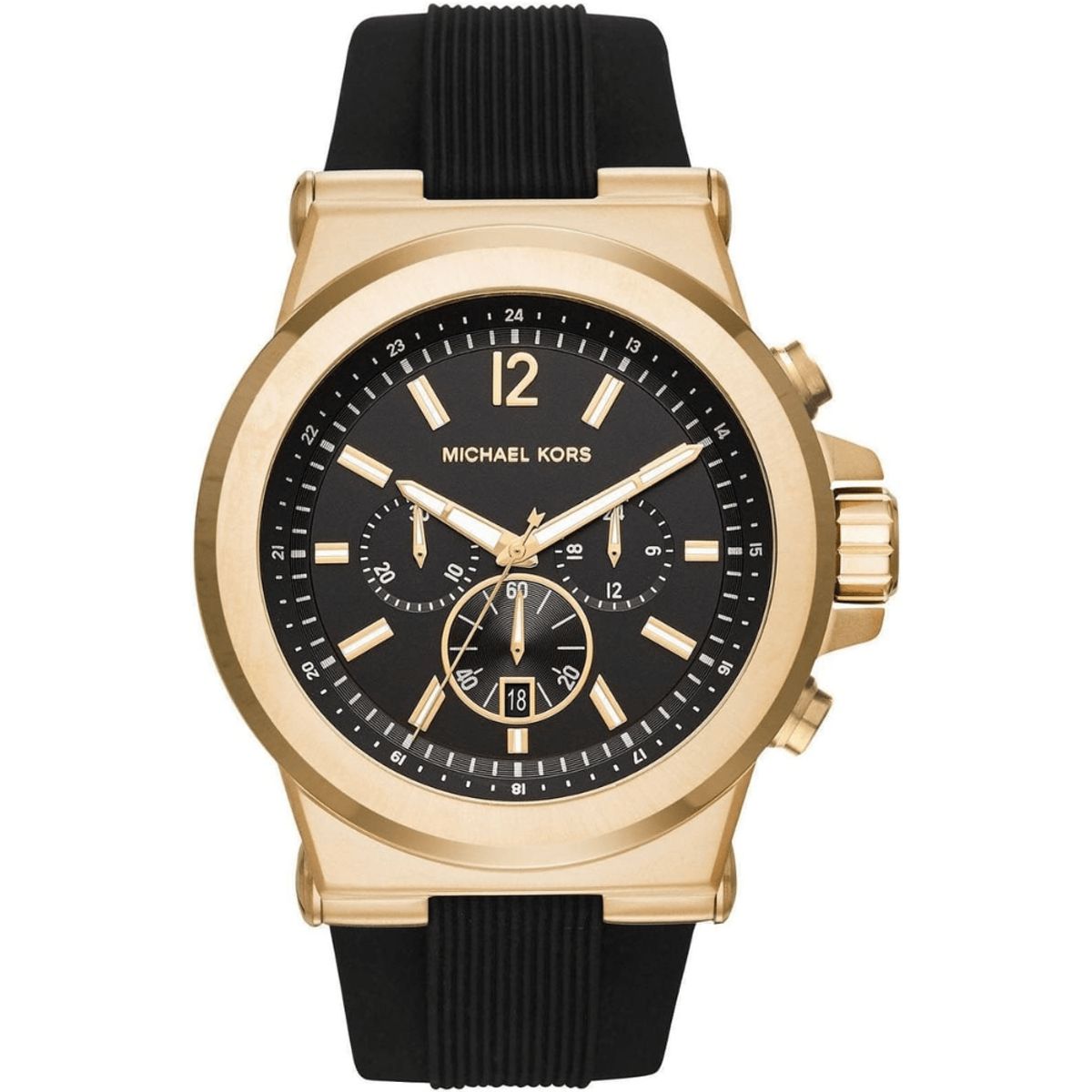 Goldfarbene Chronographenuhr mit schwarzem Armband