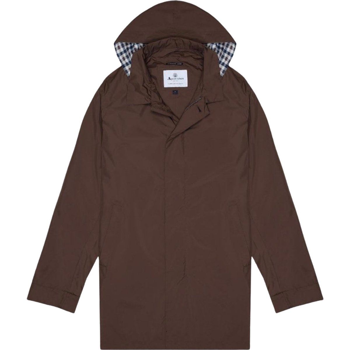 Brauner, packbarer Trenchcoat mit Kapuze