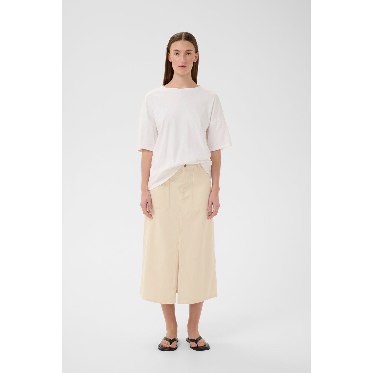 Beiger Midi A-Linien Jeansrock