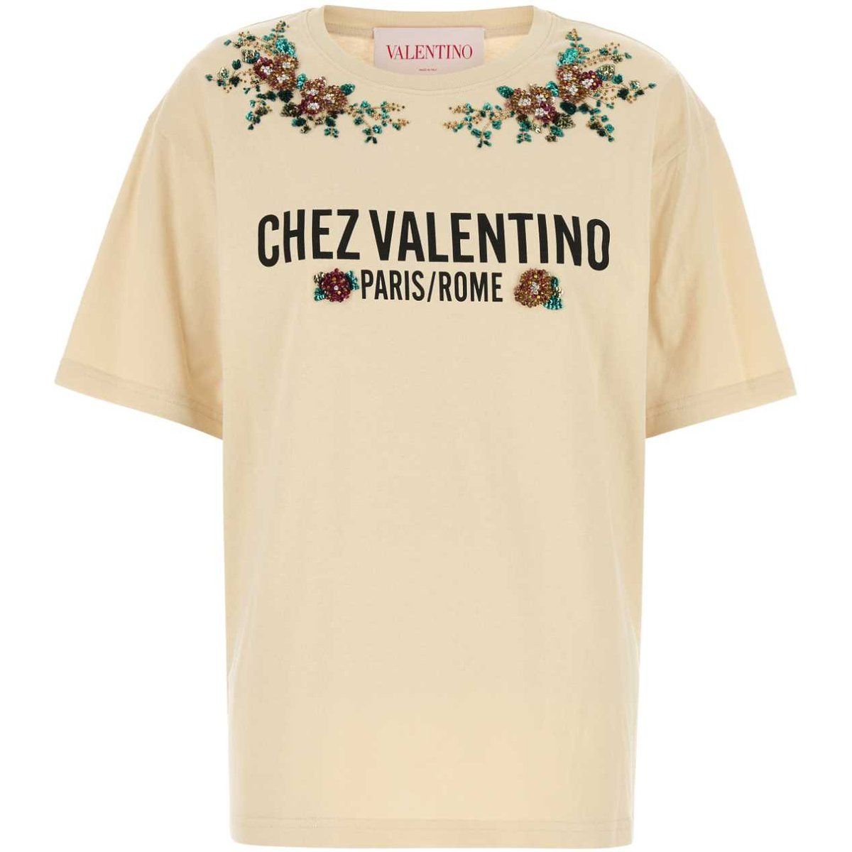 Floral Besticktes Baumwoll-T-Shirt