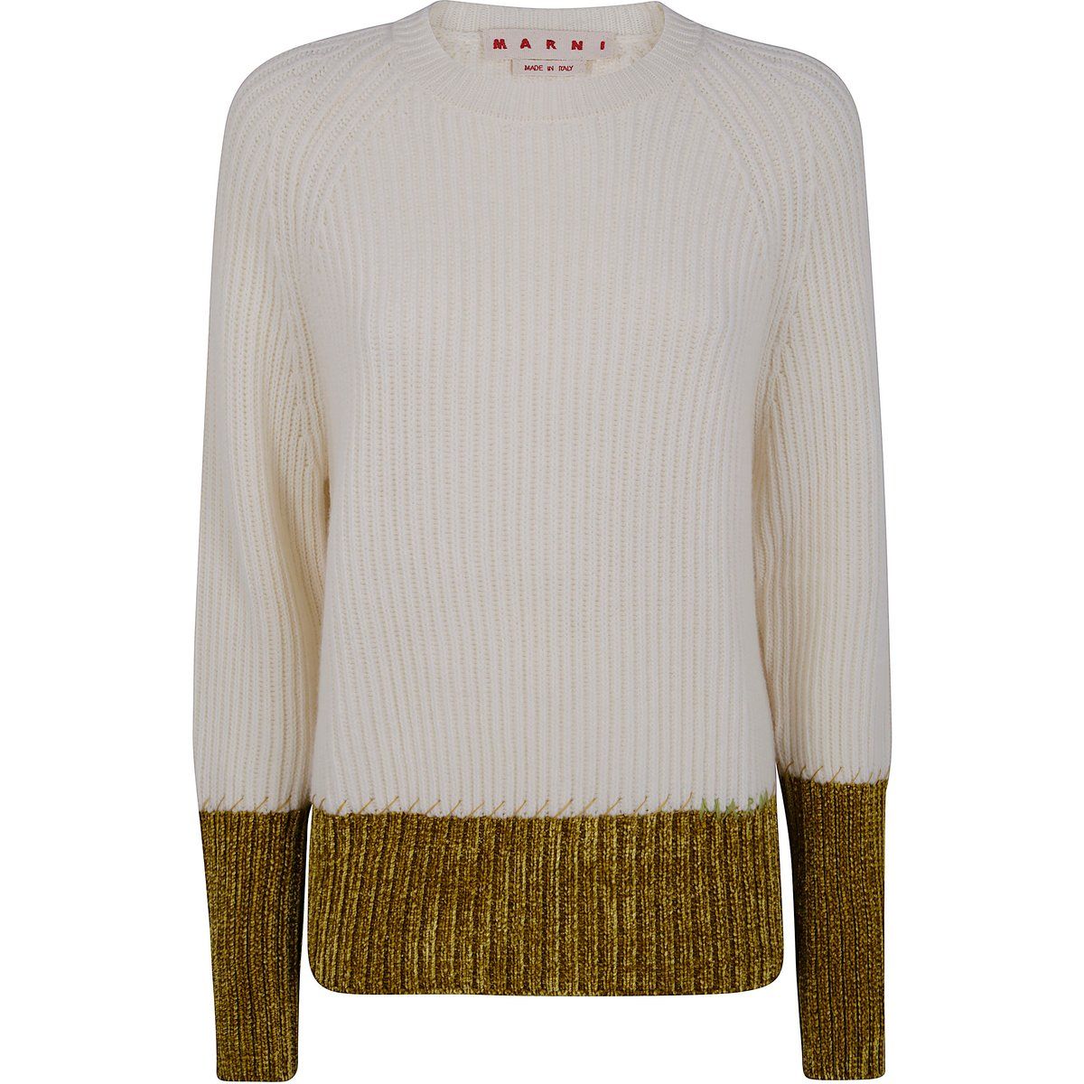 Gerippter Wollpullover mit Metallic-Saum