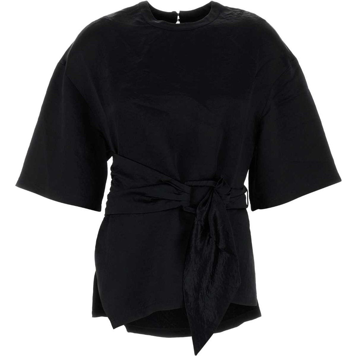 Schwarzes Satin-T-Shirt mit Bindegürtel