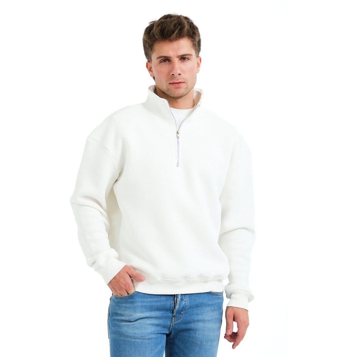 Ecrufarbenes Viertelreißverschluss Sweatshirt mit Stehkragen