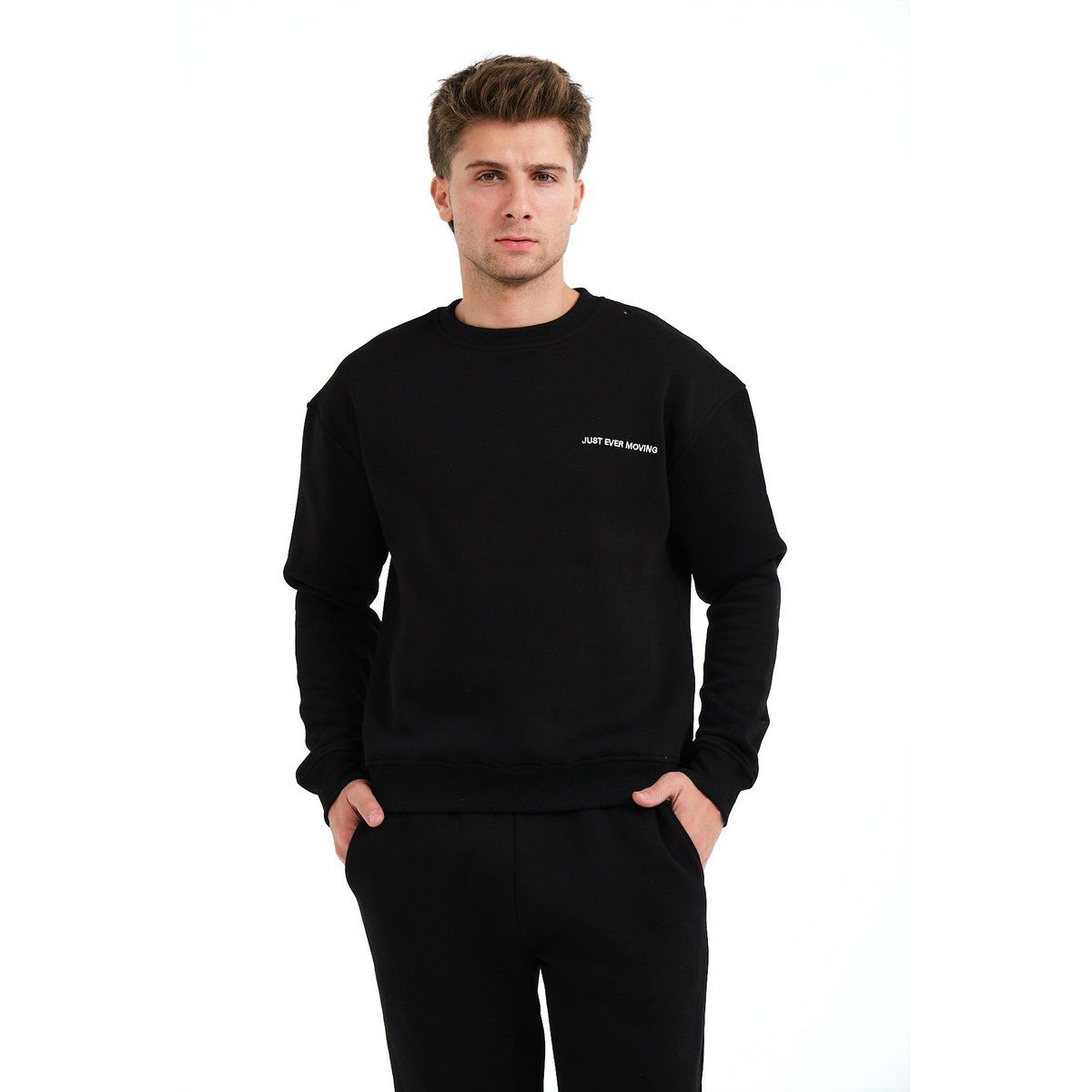 Besticktes, fleecegefüttertes Rundhals-Sweatshirt