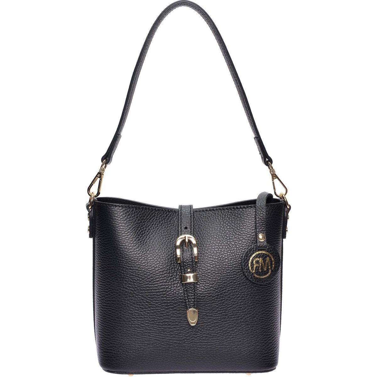 Schwarze Leder-Beuteltasche mit Schnalle