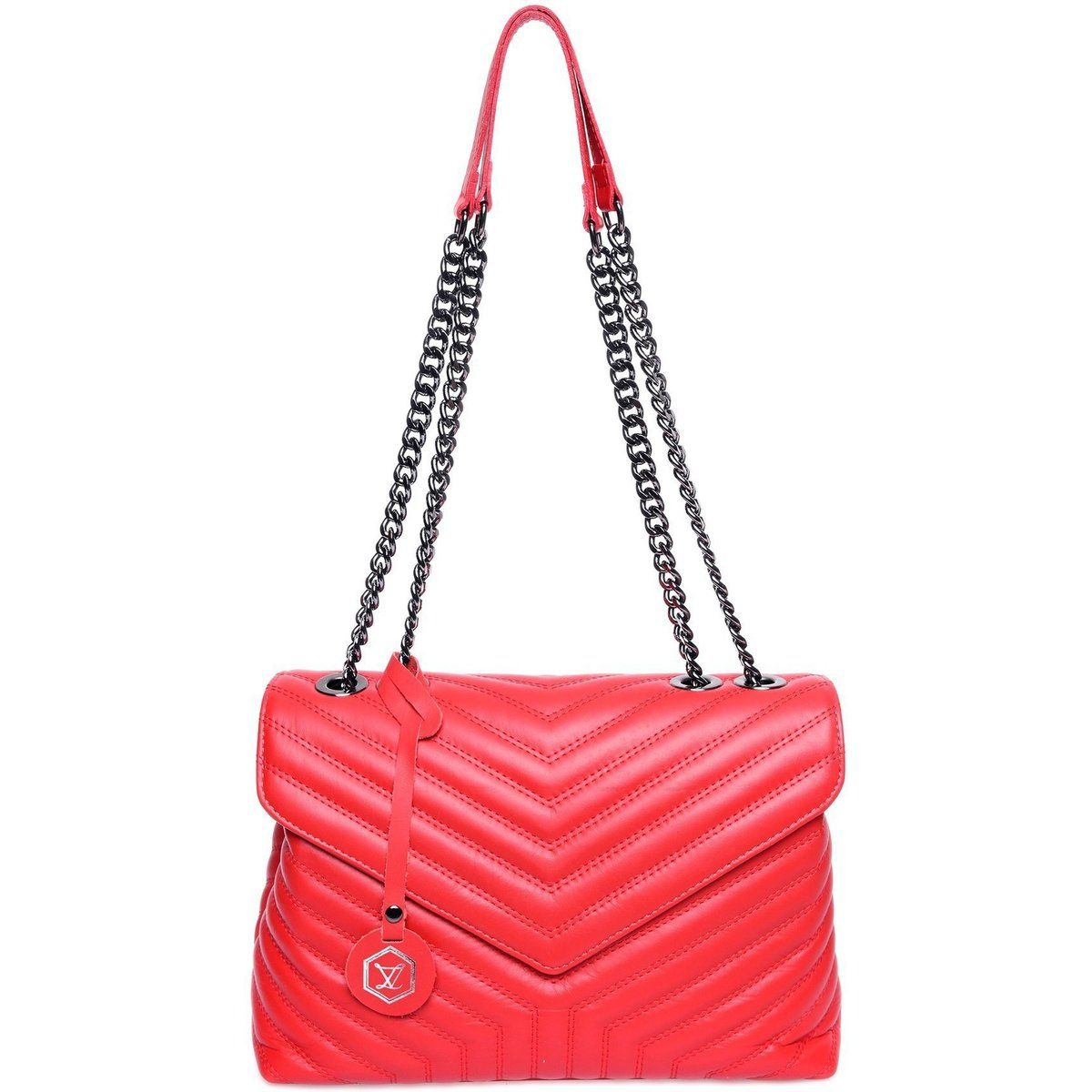Rote Gesteppte Leder-Schultertasche mit Kette