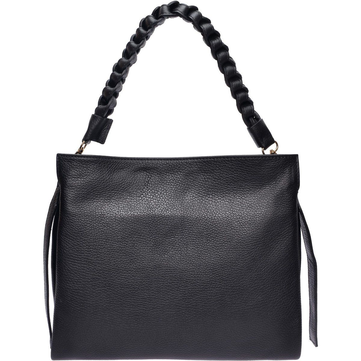 Schwarze Ledertasche mit geflochtenem Henkel