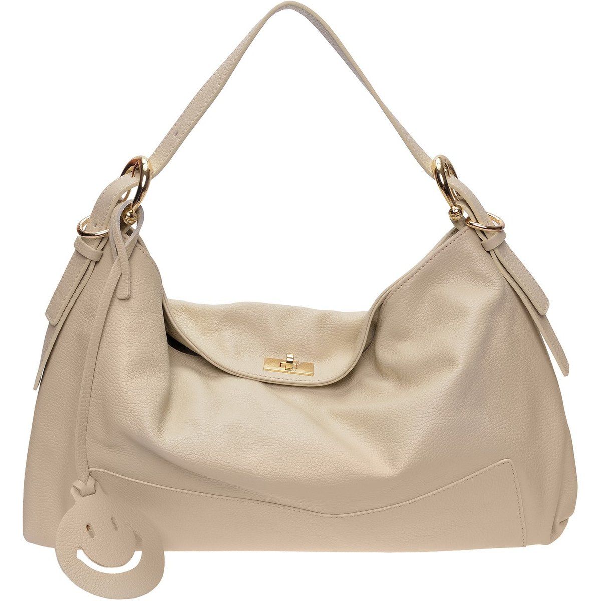 Beige Hobo-Tasche aus Leder mit Smiley-Charm