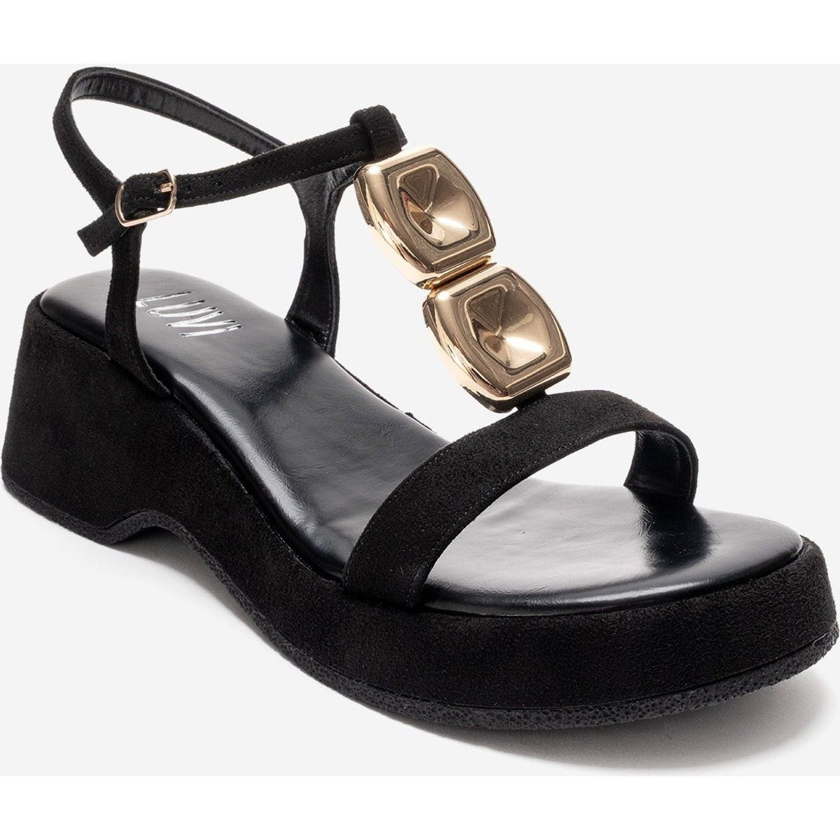 Schwarze Plateau-Sandalen mit goldenen Details
