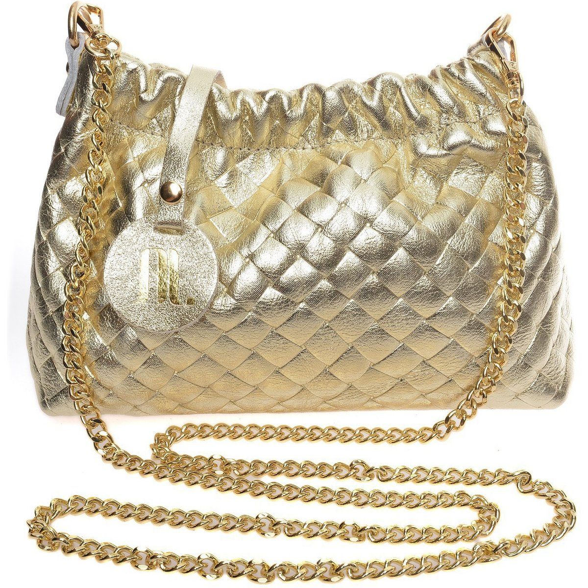 Metallische, gesteppte Schultertasche mit Kette