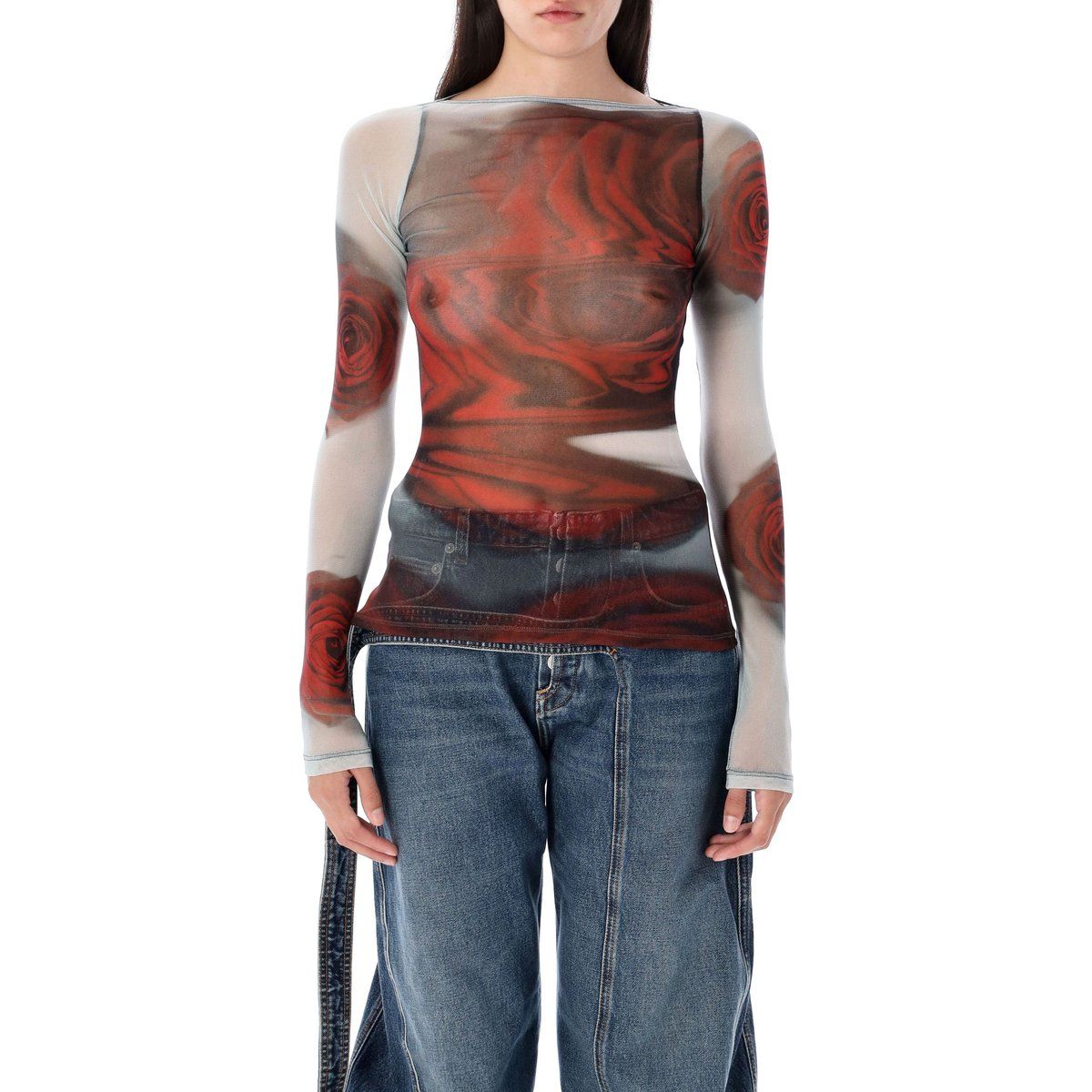 Rosen Tattoo-Print Mesh Langarmshirt